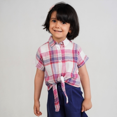 شومیز لینن ‏چهارخانه ‏جلو گره‏ ای‏