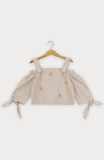 بلوز لینن اسلپ سرشانه بنددار