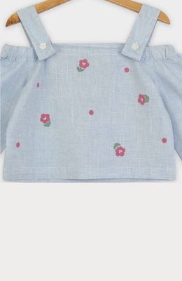 بلوز لینن اسلپ سرشانه بنددار