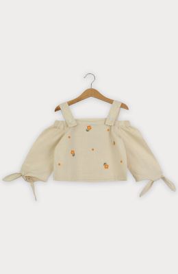 بلوز لینن اسلپ سرشانه بنددار