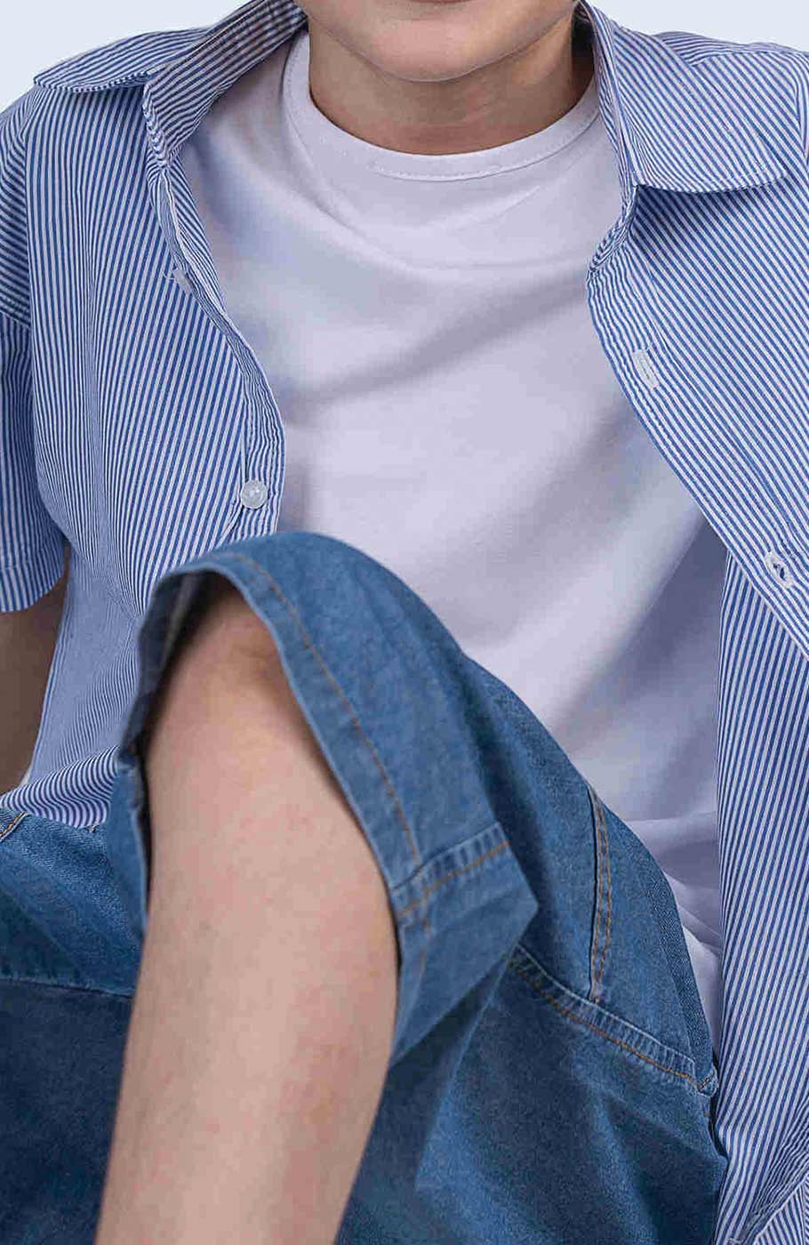 شومیز نساجی ساده بافت راه راه ریز آستین کوتاه