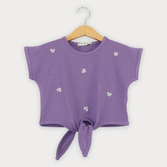 تیشرت یکرو لایکرا لمه دار جلو گره ای (ست با 10396)