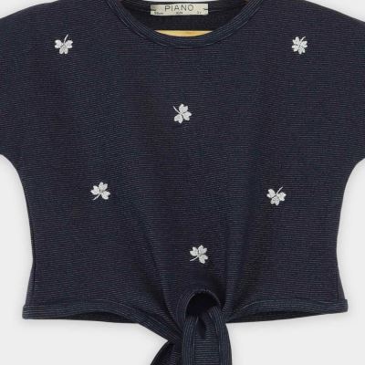 تیشرت یکرو لایکرا لمه دار جلو گره ای (ست با 10396)