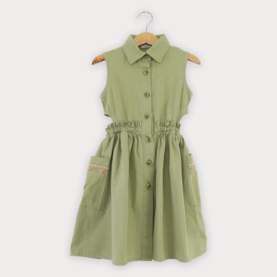 پیراهن کتان کمر کش آستین حلقه ای