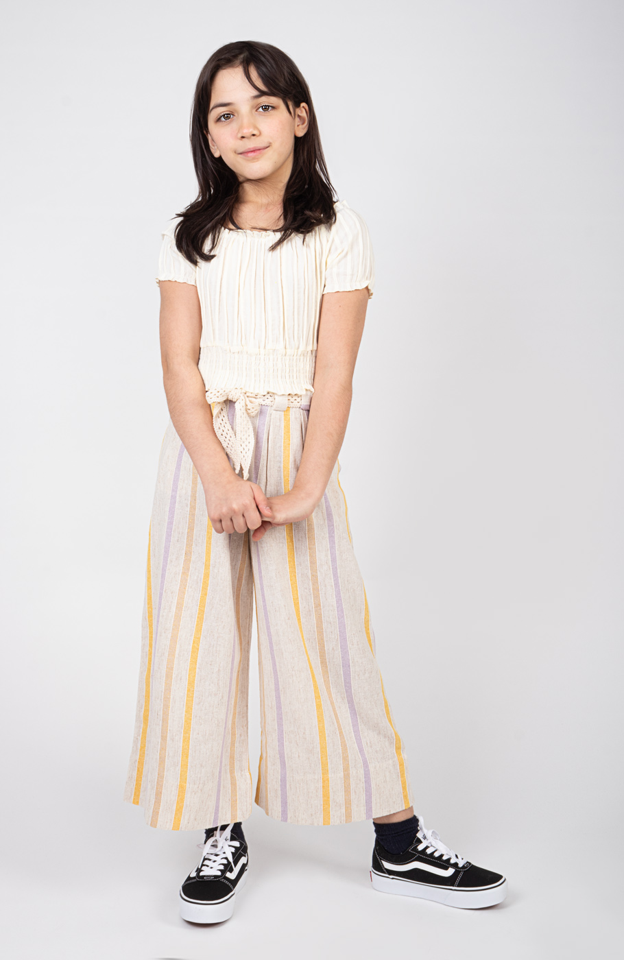 بلوز نیم تنه وال طرح راه راه برجسته آستین کوتاه