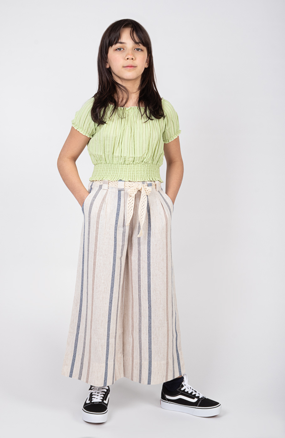 بلوز نیم تنه وال طرح راه راه برجسته آستین کوتاه