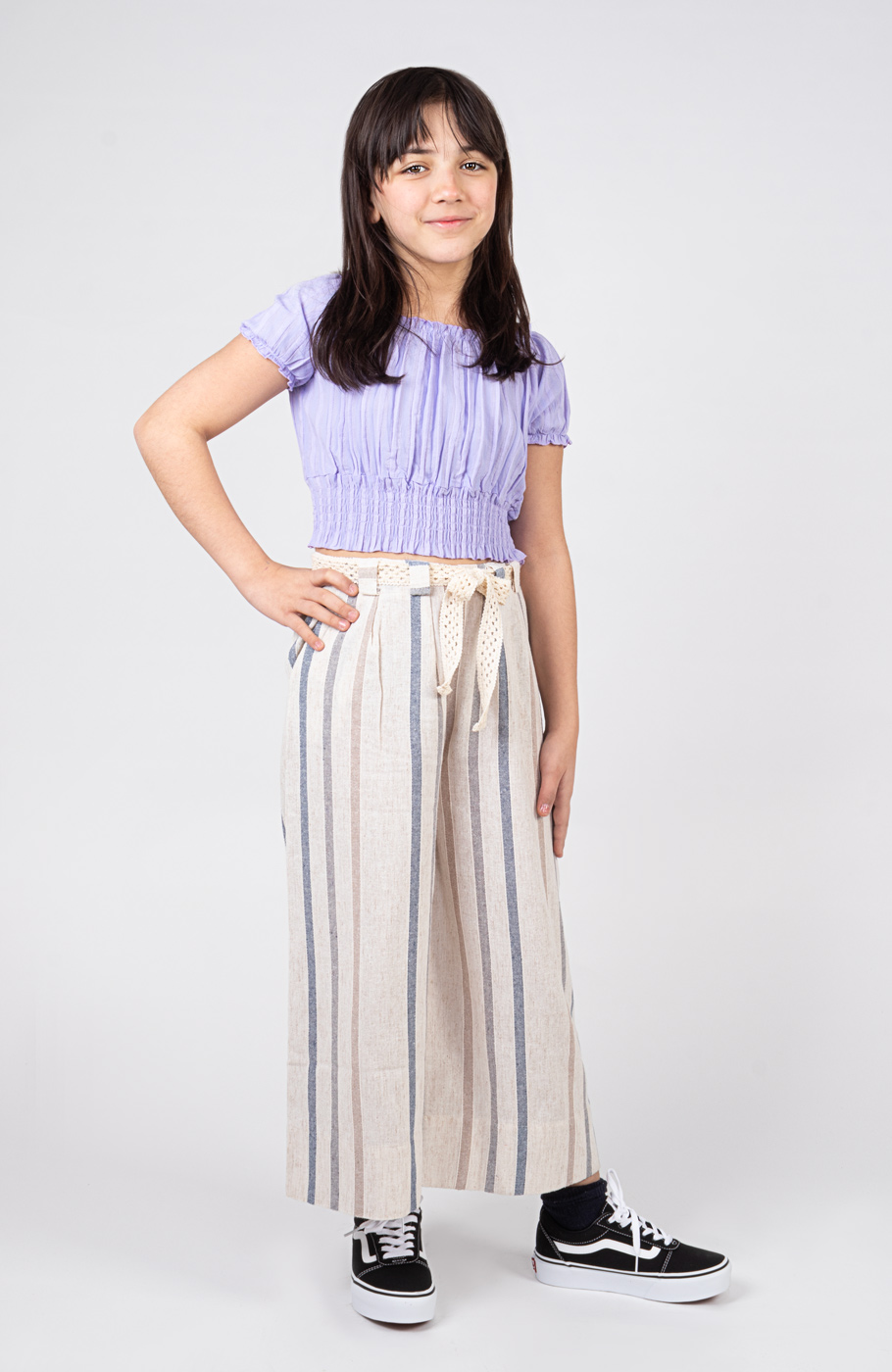 بلوز نیم تنه وال طرح راه راه برجسته آستین کوتاه