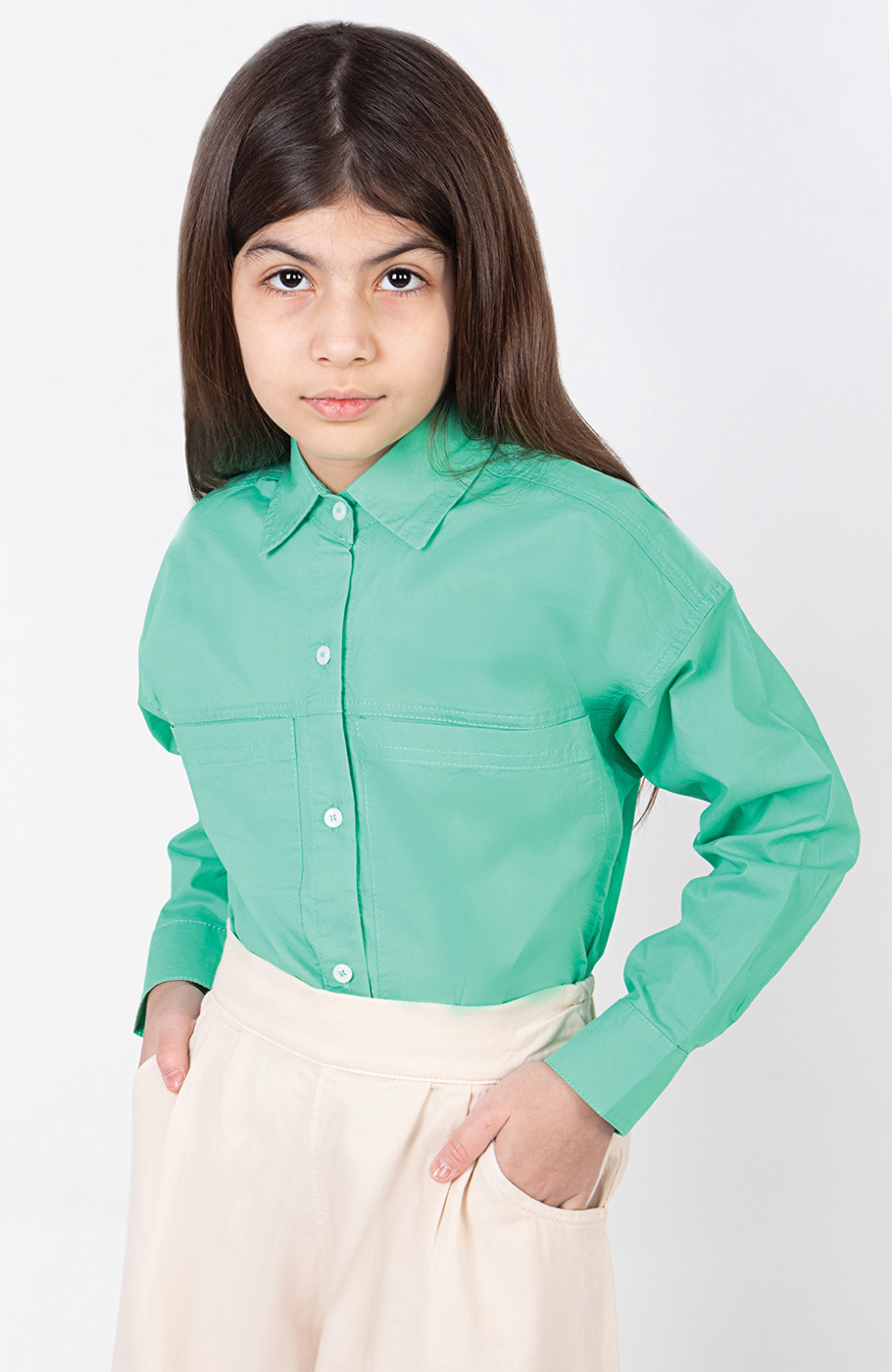 شومیز پوپلین جیب دار آستین بلند