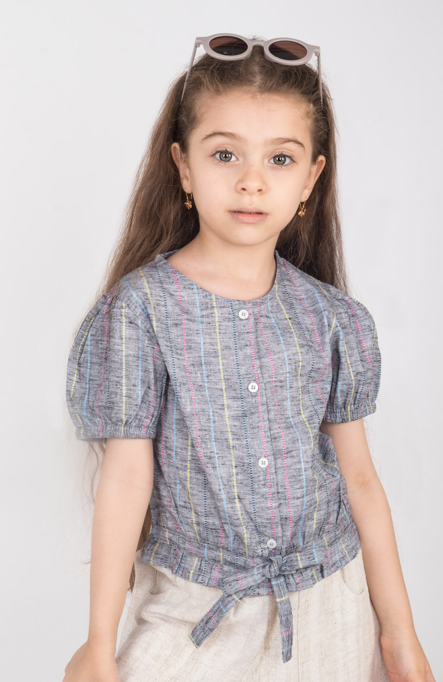 شومیز لینن راه راه آستین کوتاه