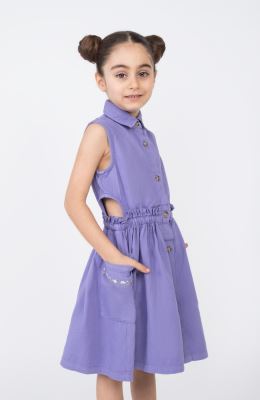 پیراهن کتان کمر کش آستین حلقه ای