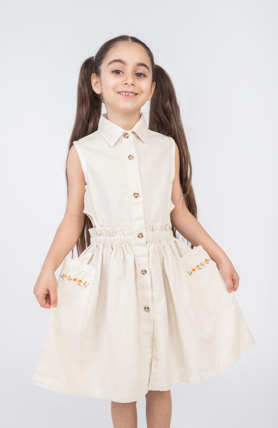 پیراهن کتان کمر کش آستین حلقه ای