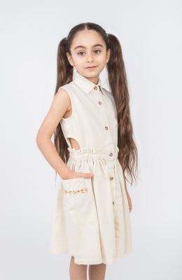 پیراهن کتان کمر کش آستین حلقه ای