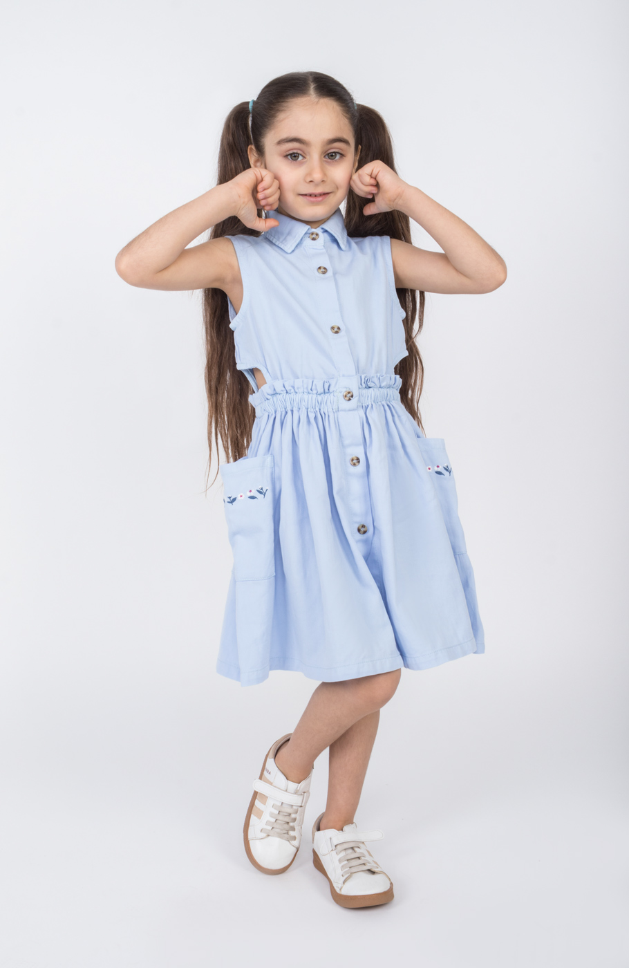 پیراهن کتان کمر کش آستین حلقه ای