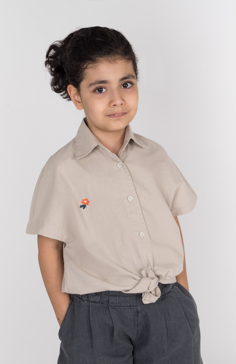 شومیز لینن اسلپ آستین کوتاه جلو گره ای