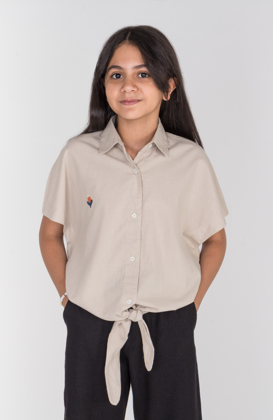 شومیز لینن اسلپ آستین کوتاه جلو گره ای