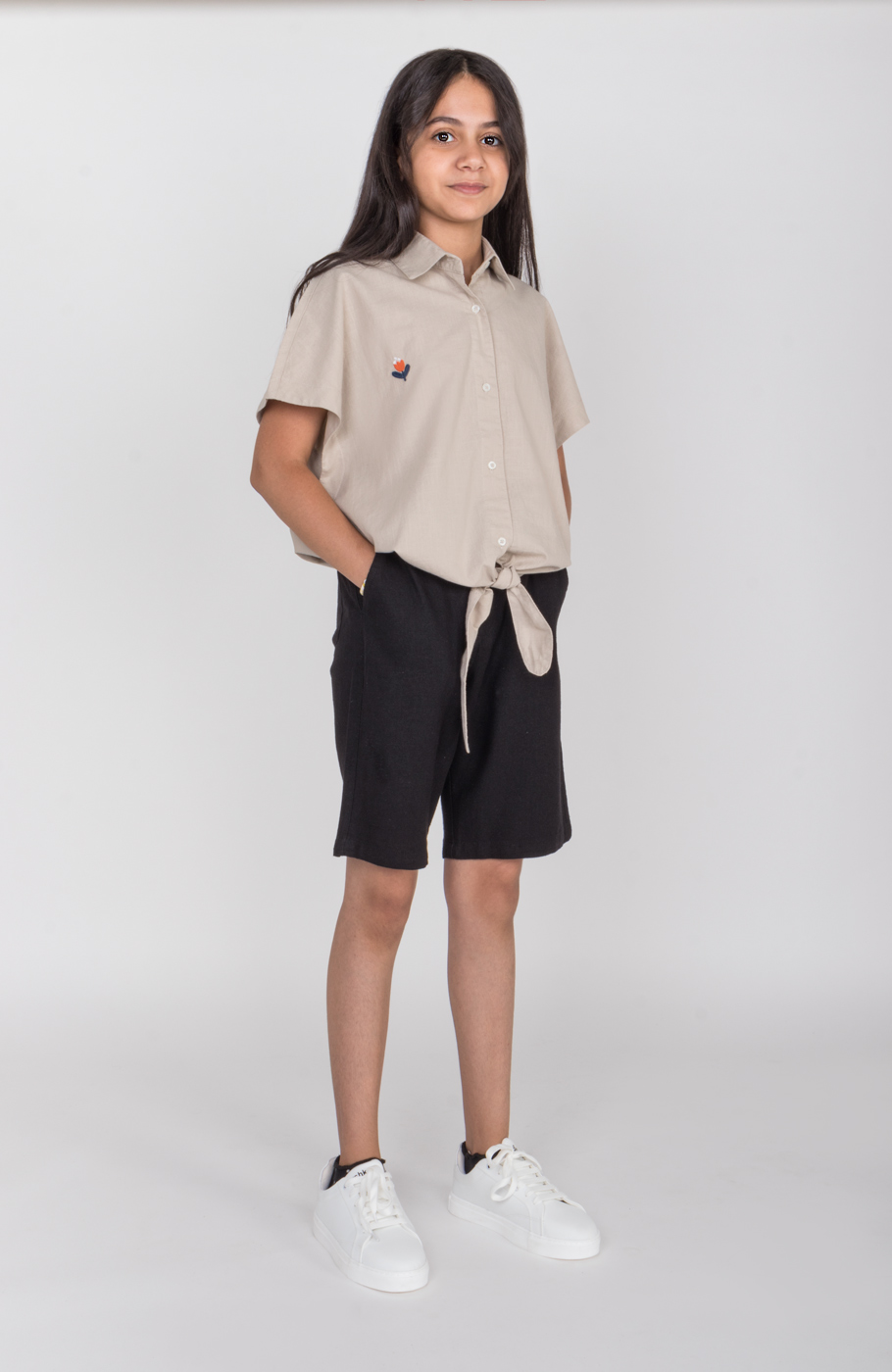 شومیز لینن اسلپ آستین کوتاه جلو گره ای