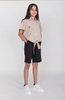 شومیز لینن اسلپ آستین کوتاه جلو گره ای