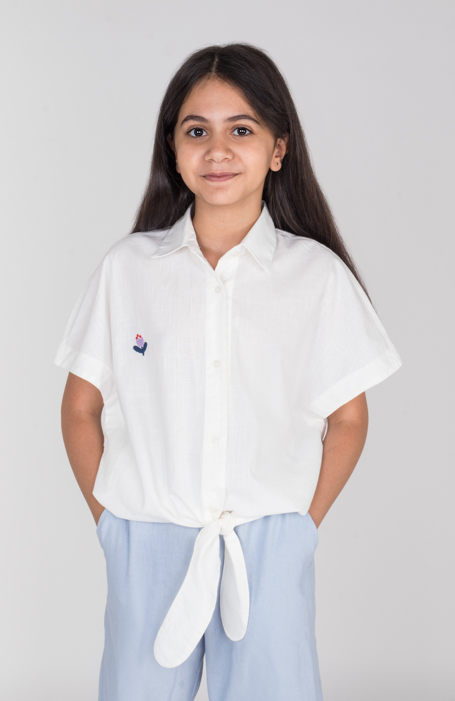 شومیز لینن اسلپ آستین کوتاه جلو گره ای