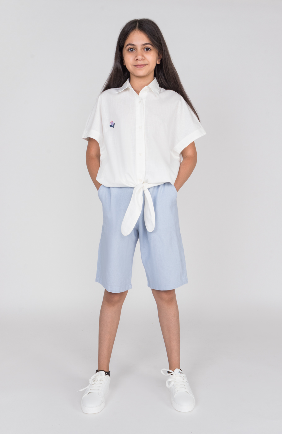 شومیز لینن اسلپ آستین کوتاه جلو گره ای