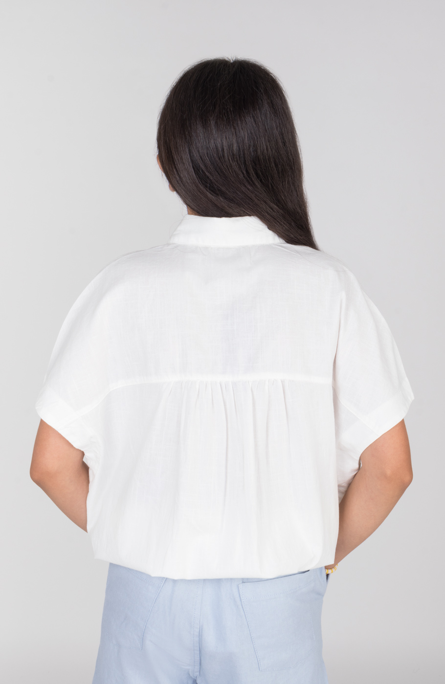 شومیز لینن اسلپ آستین کوتاه جلو گره ای