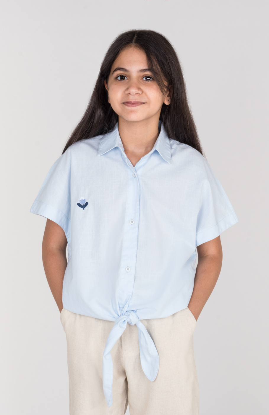 شومیز لینن اسلپ آستین کوتاه جلو گره ای