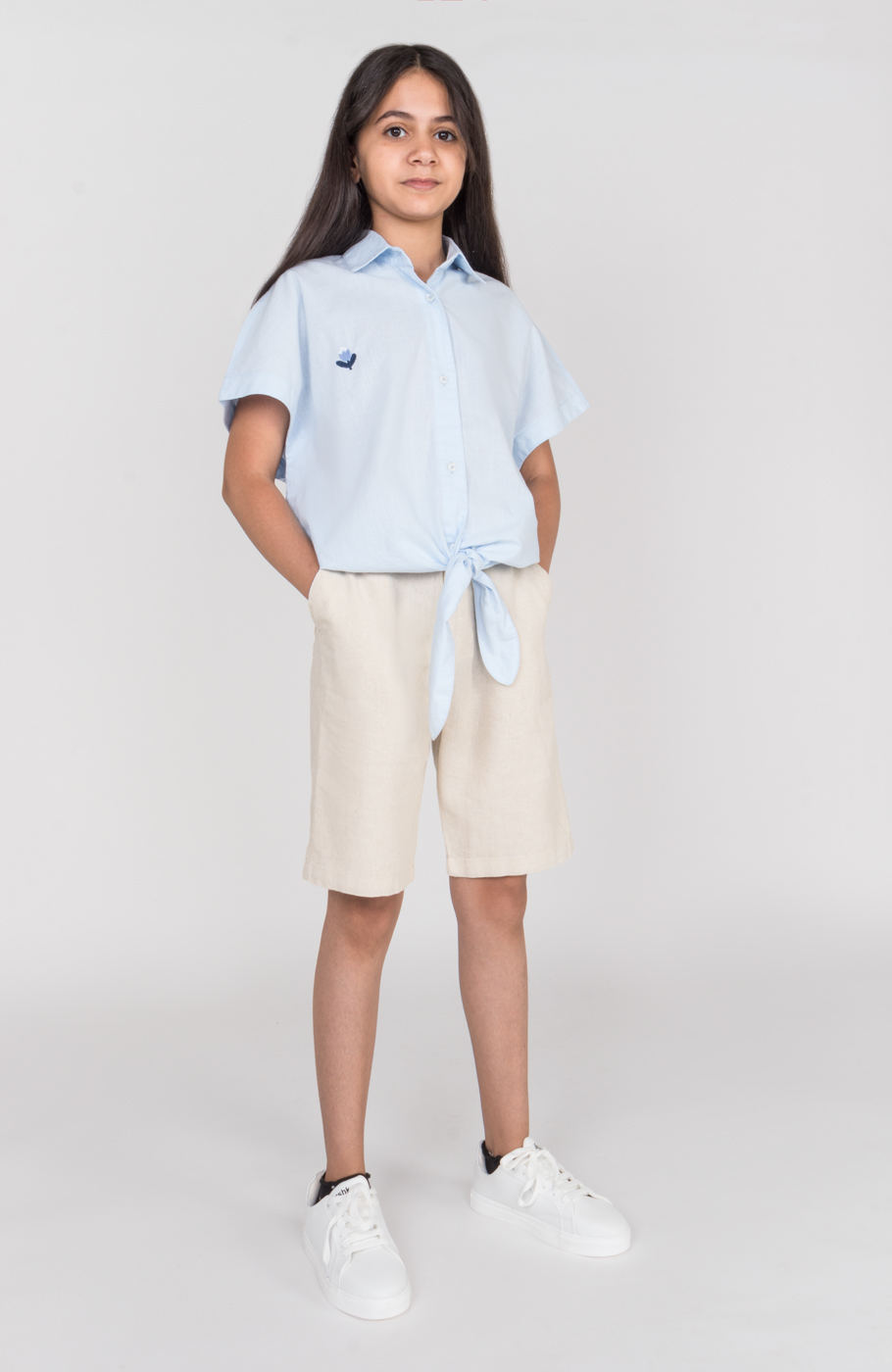 شومیز لینن اسلپ آستین کوتاه جلو گره ای