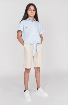 شومیز لینن اسلپ آستین کوتاه جلو گره ای