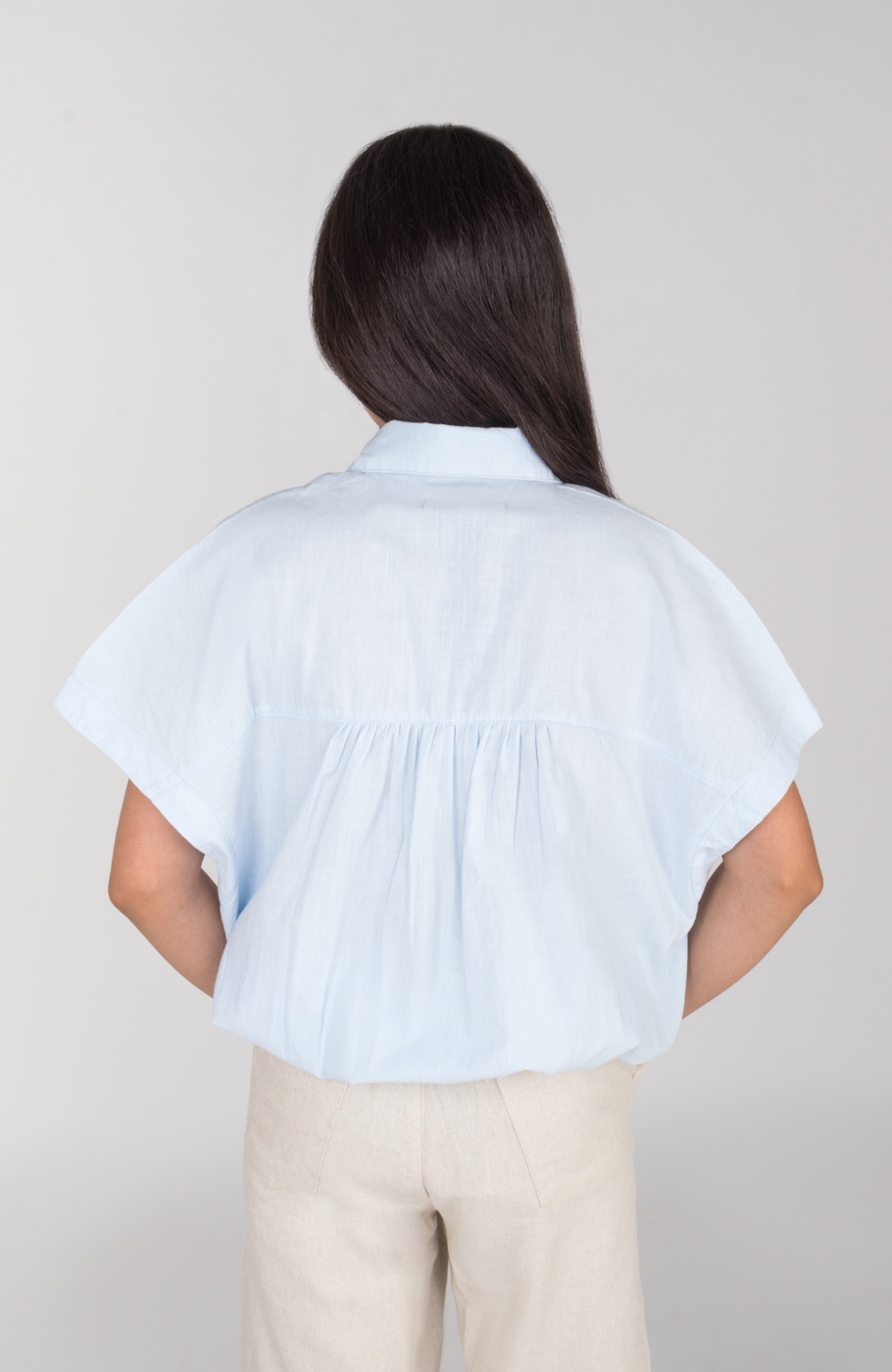 شومیز لینن اسلپ آستین کوتاه جلو گره ای