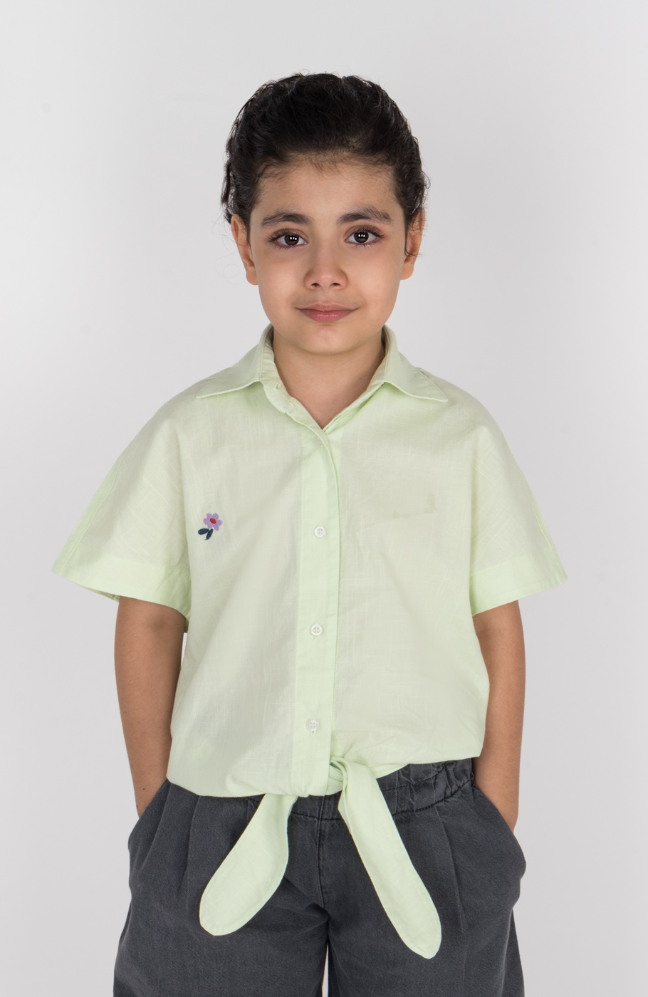 شومیز لینن اسلپ آستین کوتاه جلو گره ای