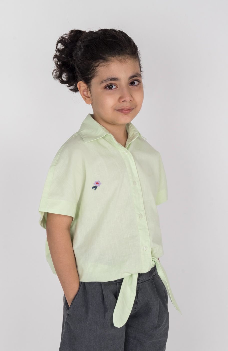 شومیز لینن اسلپ آستین کوتاه جلو گره ای