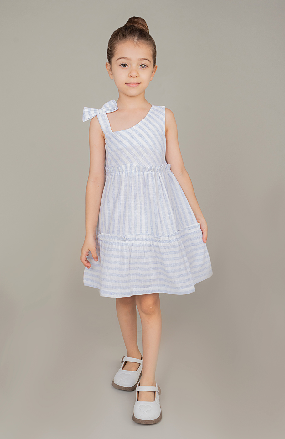 پیراهن ساده بافت راه راه یقه رومی