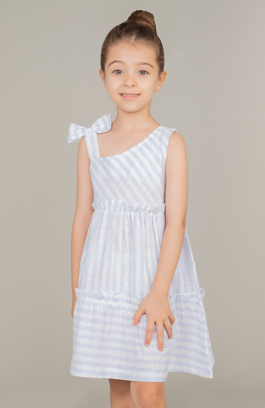 پیراهن ساده بافت راه راه یقه رومی