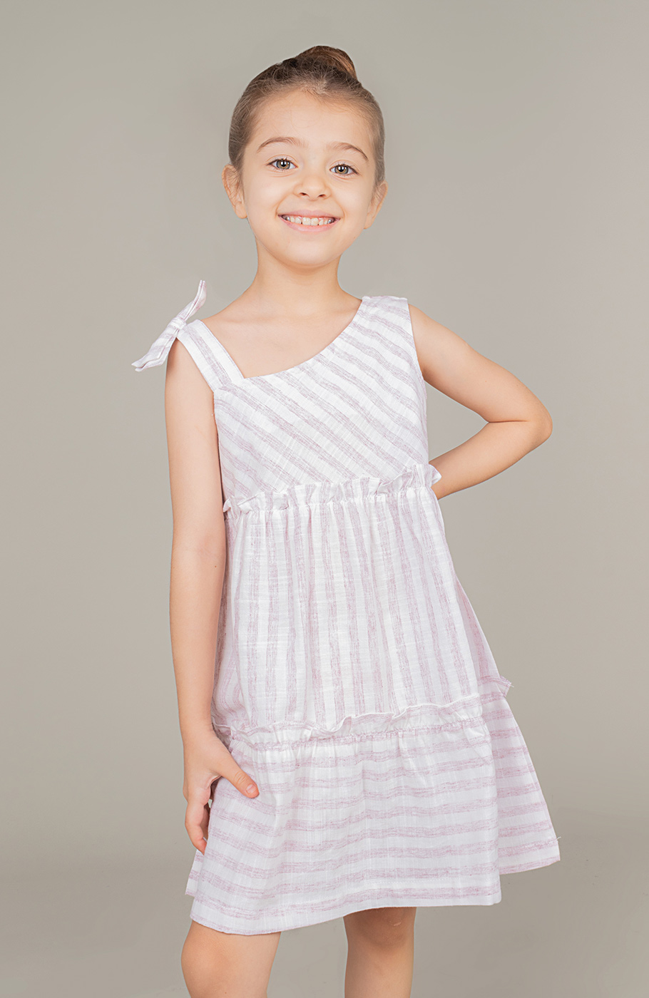 پیراهن ساده بافت راه راه یقه رومی