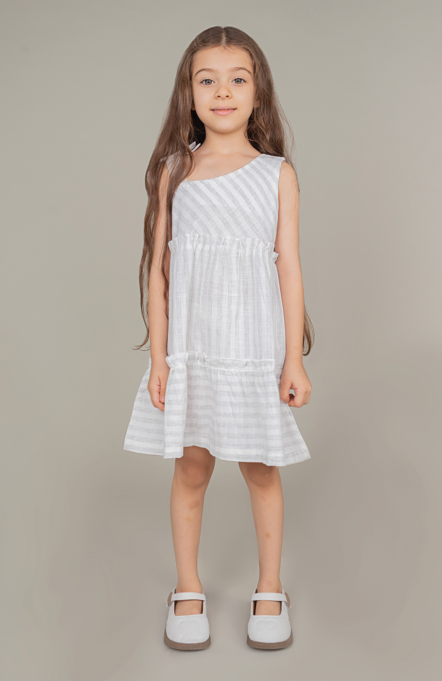 پیراهن ساده بافت راه راه یقه رومی